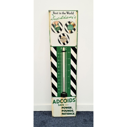 241 - DUCKHAMS ADCOIDS ENAMEL ADVERTISING SIGN
in black, white and green, with a central thermometer, 115c...