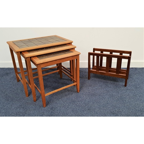 444 - NEST OF TEAK OCCASIONAL TABLES
each with an inset tiled top, standing on tapering supports united by... 