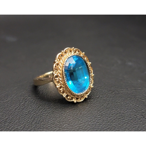 66 - LARGE BLUE TOPAZ SINGLE STONE DRESS RING
the oval cut topaz measuring approximately 13.3mm x 10.26mm... 