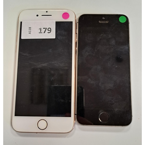 179 - TWO APPLE IPHONES
comprising an Iphone 8, IMEI - 352992090570112, Apple account locked, smashed back... 