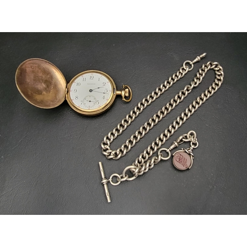 176 - GOLD PLATED WALTHAM POCKET WATCH AND SILVER ALBERT CHAIN
the full hunter watch with white enamel dia... 