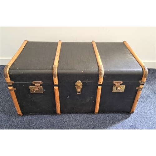 295 - VINTAGE TRAVEL TRUNK
with wood banding and side carrying handles, 91cm wide