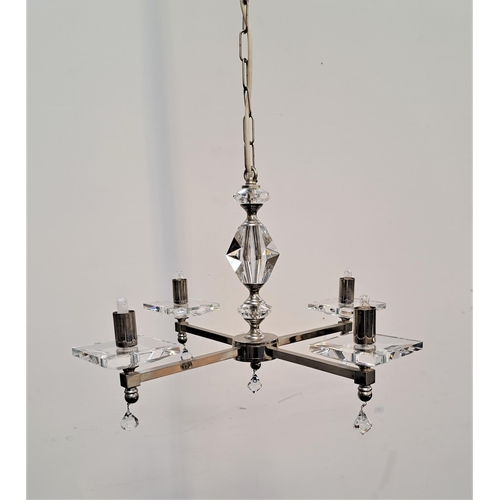 441 - CHROME AND GLASS CHANDELIER
with four chrome arms with square glass drip type pans and chrome tubula... 