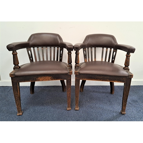 474 - PAIR OF ARTS AND CRAFTS ARMCHAIRS
with a shaped top rail above a flat stick back with a padded seat ... 