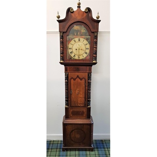 434 - GEORGE III OAK AND MAHOGANY LONGCASE CLOCK
with an arched painted dial signed Charles Bevington of S... 