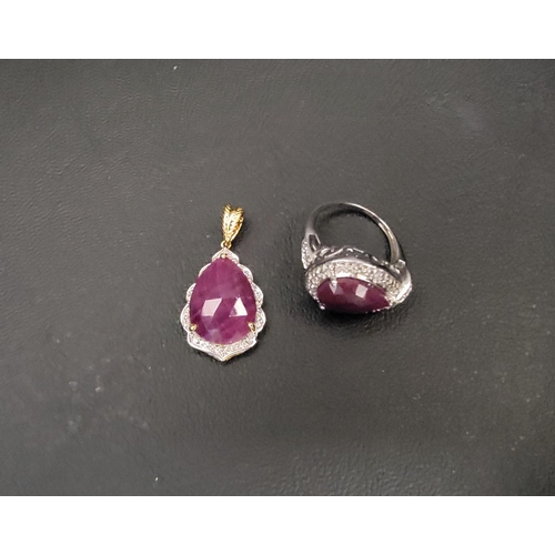 164 - RUBY SET PENDANT AND RING
both set with rose cut pear shaped rubies, the ring in silver and size O, ... 