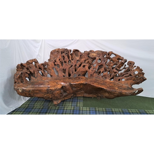 480 - CARVED OLIVE WOOD ROOT BENCH
of natural shaped form, the bench carved with masks, figures, animals, ... 