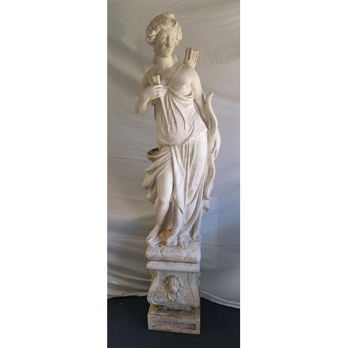 433 - LARGE STONE GARDEN STATUE OF DIANA
wearing robes with a bow and arrows, standing on a shaped pedesta... 