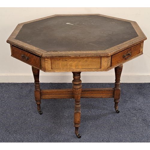 461 - EDWARDIAN OAK CENTRE TABLE
with an octagonal inset top with four frieze drawers, standing on four tu... 