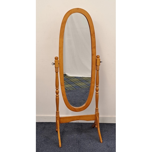 482 - OVAL CHEVAL MIRROR
on turned supports with splayed legs, 150cm high