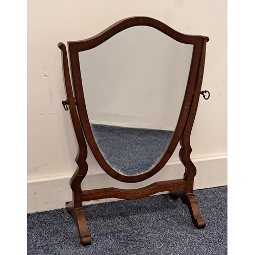 485 - MAHOGANY SHIELD SHAPED TOILET MIRROR
on shaped arms and supports, 53cm high