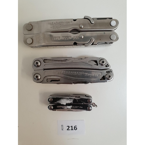 three LEATHERMAN MULTI-TOOLS 
comprising a Wingman, a Super Tool 200 and a Squirt Ps4 (3)
Note: You must be over the age of 18 to bid on this lot.