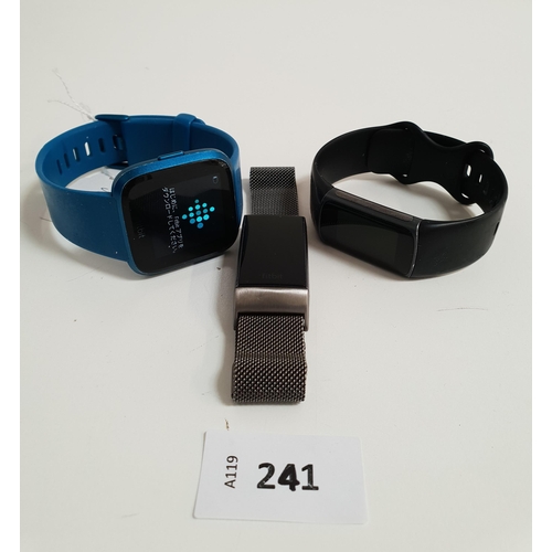 241 - SELECTION OF THREE FITBIT FITNESS TRACKERS
comprising a Charge 3, Versa 1 and Charge 5
Note: It is t... 