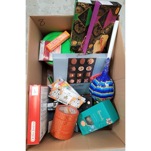 8 - ONE BOX OF CONSUMABLES ITEMS
including tea bags, bars of chocolate, boxes of chocolate, sweets and t... 