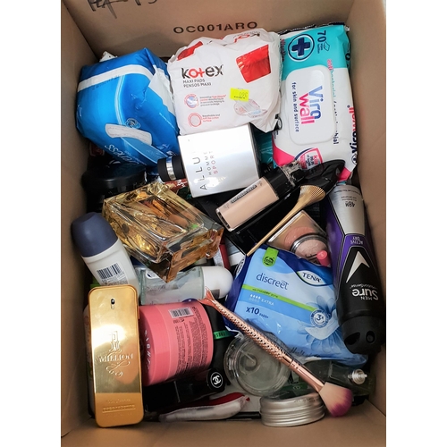 13 - ONE BOX OF NEW AND USED TOILETRY ITEMS
including Carolina Herrera, Hermes, Channel, MAC, Paco Rabann... 