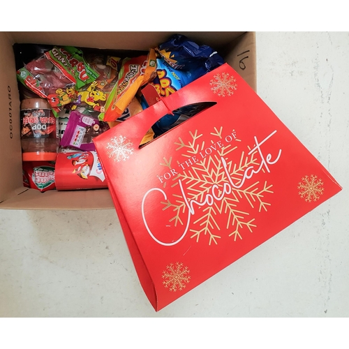 16 - ONE BOX OF CONSUMABLE ITEMS
including chocolate bars and boxes, biscuits, sweets