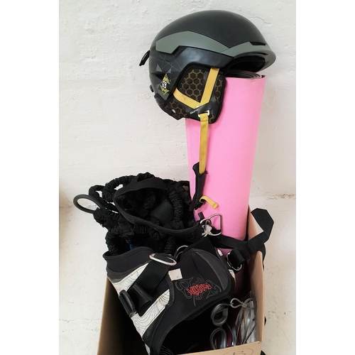 17 - ONE BOX OF SPORTS AND LEISURE ITEMS
including,guitar strings, weights, cycling helmet, water skiing ... 