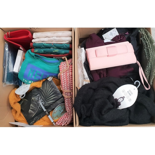 19 - TWO BOXES OF NEW ITEMS
including adult and children's clothing, table cloths, oven mitts, handbags, ... 