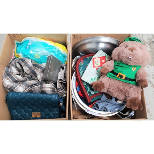 20 - TWO BOXES OF NEW ITEMS
including adult and children's clothing, pampers nappies, oven mitt, tea towe... 