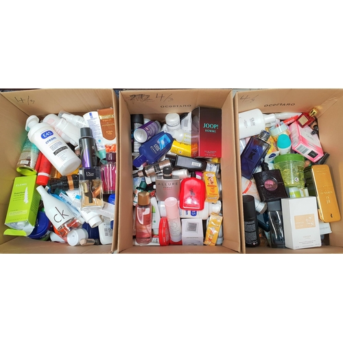 4 - THREE BOXES OF NEW AND USED TOILETRY ITEMS
including Victor and Rolf, Dior, Calvin Klein, Channel, D... 