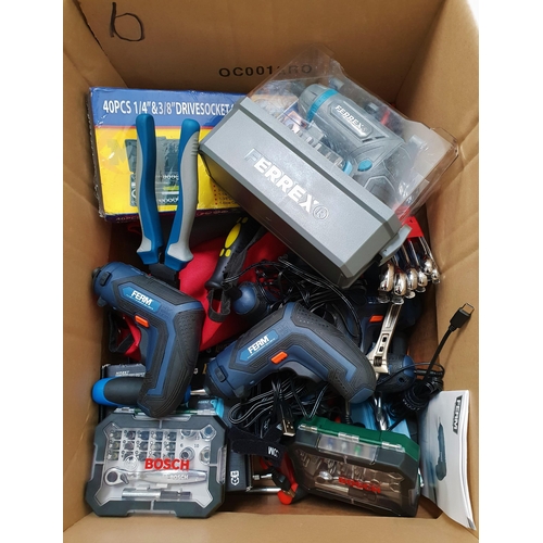6 - ONE BOX OF TOOLS
including socket sets, screwdriver sets, six Ferm electric screwdrivers, spanners ,... 