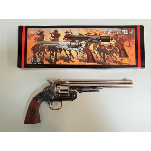 174 - DENIX REPLICA 1886 USA ARMY REVOLVER
.45 calibre with a 20cm barrel and wood grip, boxed