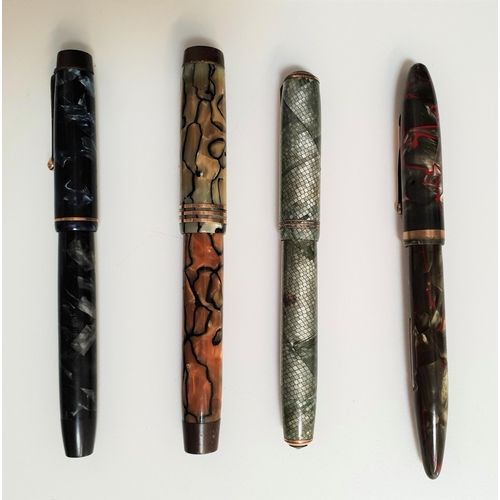 201 - FOUR VINTAGE FOUNTAIN PENS
comprising a Parker Duofold Senior Streamline in black and pearl marbled ... 