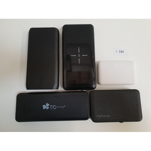 131 - SELECTION OF FIVE POWERBANKS
including MyCharge, Miady, and Belkin