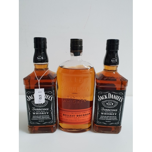 172 - TWO BOTTLES OF JACK DANIEL'S AND ONE BOTTLE OF bULLEIT WHISKEY
both bottles of Jack Daniel's 70cl an... 