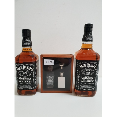 173 - SELECTION OF JACK DANIEL'S WHISKEY
one litre bottle, one 70cl bottle and one 5cl bottle in gift set ... 