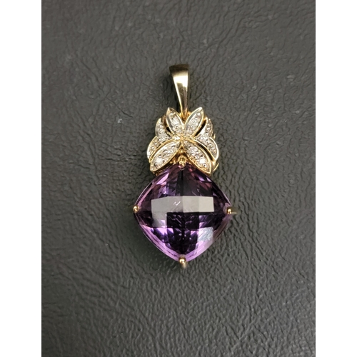 78 - AMETHYST AND DIAMOND PENDANT
the cushion briolette cut amethyst below diamond set stylised butterfly... 