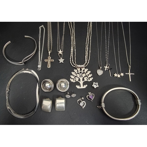 86 - SELECTION OF SILVER JEWELLERY 
including a cuff bracelet, a bangle with safety hook, clip on earring... 