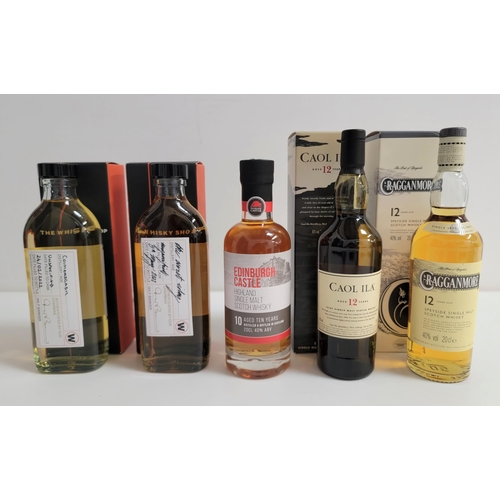 323 - FIVE SMALL BOTTLES OF WHISKY
comprising one bottle of Cragganmore 12 year old Speyside single malt, ... 