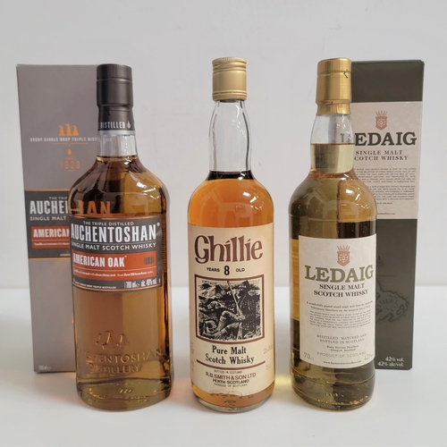 325 - THREE BOTTLES OF SCOTCH WHISKY
comprising one bottle of Ghillie 8 year old Pure Malt Scotch Whisky, ... 