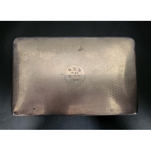 131 - SILVER CIGARETTE BOX
the engine turned cover engraved to centre 'R.C.B from G.W.N. 1920', Birmingham... 