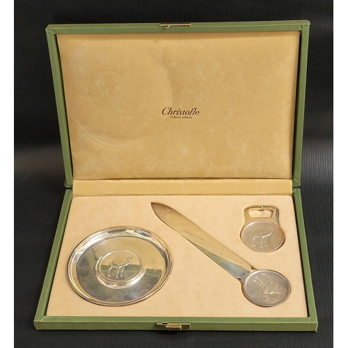 135 - UNUSUAL CHRISTOFLE SILVER PLATED DESK SET 
comprising a circular trinket dish with central camel, an... 