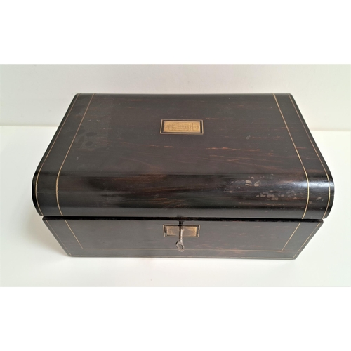 208 - VICTORIAN CORAMANDLE WRITING BOX
with brass inlay, the interior with a blue velvet writing slope mar... 