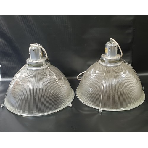 472 - PAIR OF INDUSTRIAL STYLE GLASS CEILING LIGHTS
with domed ribbed glass shades and chrome fittings, 55... 