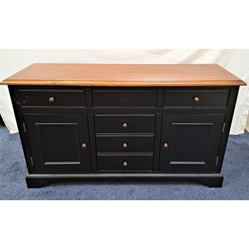 418 - OAK SIDE CABINET
with a moulded top above a black stained body with an arrangement of six drawers an... 