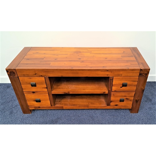 422 - STAINED TEAK LOW SIDE CABINET
with central shelves flanked by two pairs of drawers, 55cm x 120cm