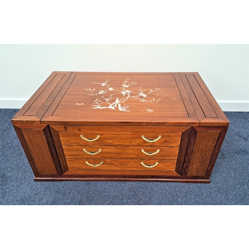 424 - TEAK LOW DRINKS CABINET
with an inlaid mother of pearl tree to the top flanked by two bottle compart... 