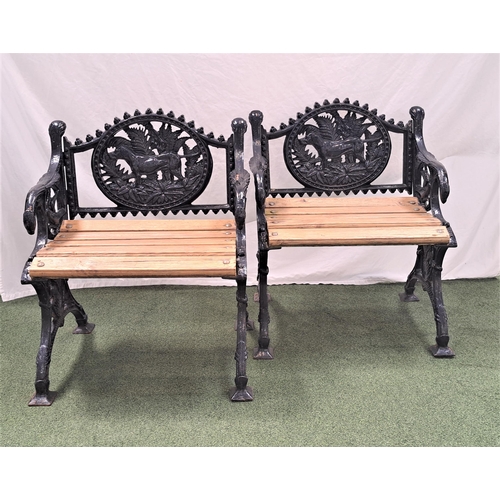 458 - PAIR OF CAST IRON GARDEN CHAIRS
the shaped backs decorated with a retriever in undergrowth flanked b... 