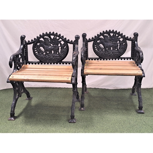 459 - PAIR OF CAST IRON GARDEN CHAIRS
the shaped backs decorated with a retriever in undergrowth flanked b... 