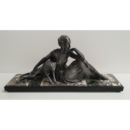 236 - ART DECO SPELTER GROUP
depicting a female reclining and a big cat, with her arm draped over the anim... 