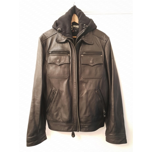 279 - SCHOTT BLACK LEATHER JACKET
with a part fleece lining, eight exterior pockets and four interior pock... 