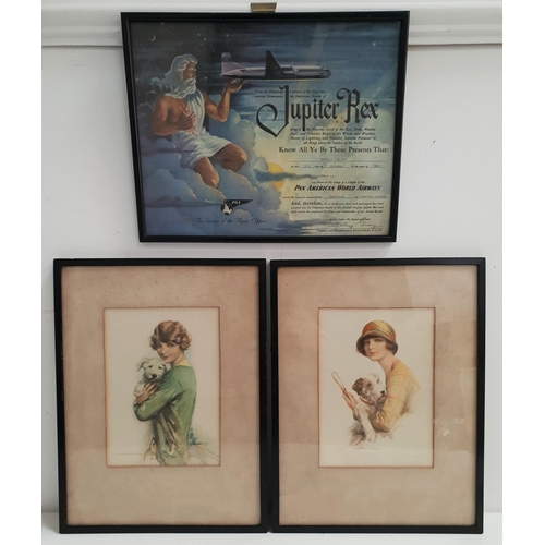 375 - TWO ART DECO PRINTS
both depicting girls holding dogs, both 21.5cm x 15cm; together with a framed Pa... 