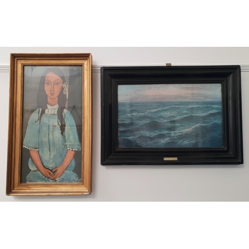 377 - TWO PRINTS
comprising one Modigliani print entitled 'Alice', 67cm x 34cm; and a Harold Webb seascape... 