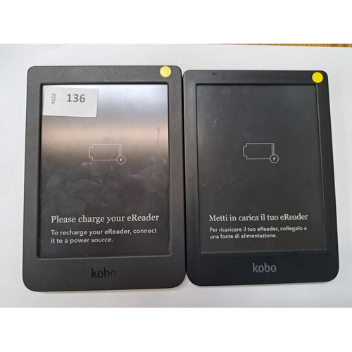 136 - TWO KOBO E-READERS
comprising a Kobo Clara HD, serial number N249890269756; and a Kobo Nia, serial n... 