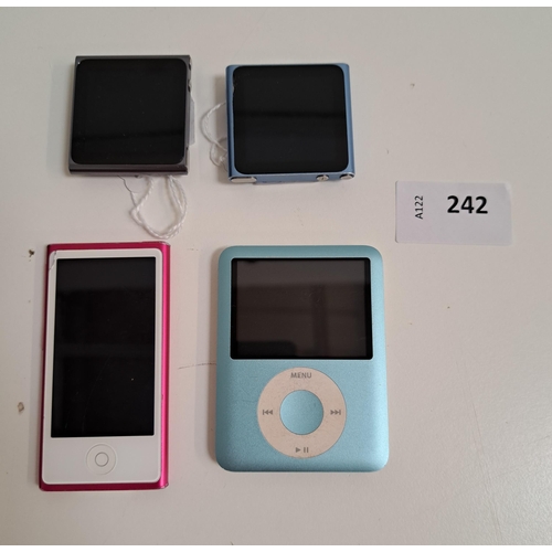 242 - FOUR APPLE IPODS
comprising an Ipod Nano 7th gen A1446, two Ipod Nano 6th gen A1366 and an Ipod Nano... 