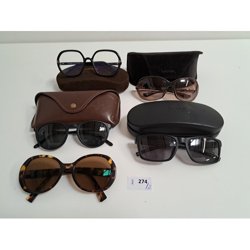 274 - FIVE PAIRS OF DESIGNER SUNGLASSES AND GLASSES
comprising Tom Ford glasses, Tom Ford sunglasses, Hugo... 